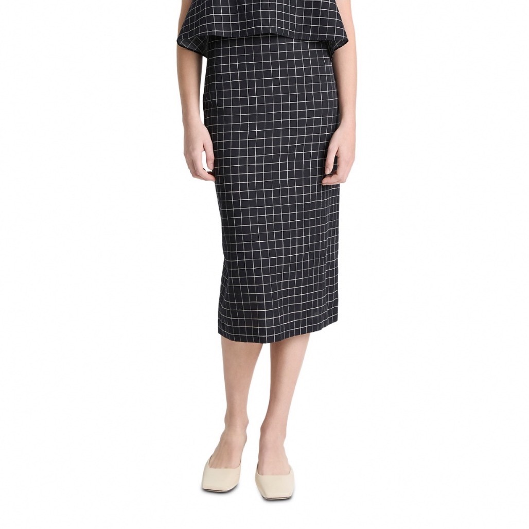 Vince Trellis Plaid Pencil Skirt Black Cream Cotton Linen Midi V112531035 Sz 0